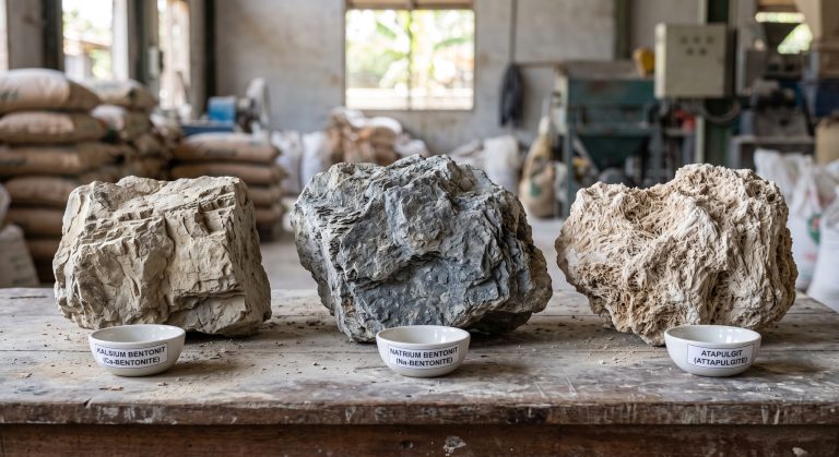 Raw calcium bentonite, sodium bentonite, and attapulgite minerals chunk